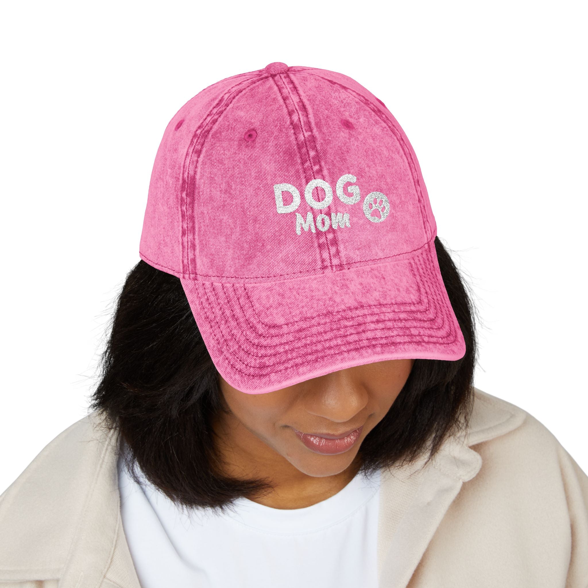 Dog Mom Embroidered Vintage Cap — Washed Pink Baseball Hat for Pet Lovers
